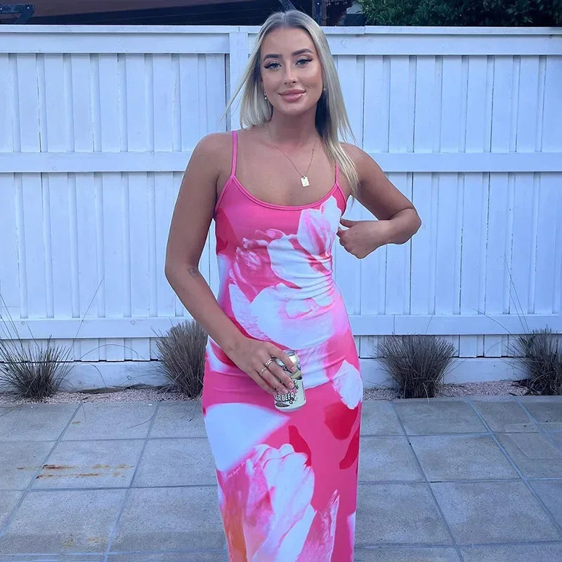 Elegant Printed Backless Long Dress Summer Women's Fashion Contrast Color Party Dress Patchwork Suspender Long Dress 2024 New