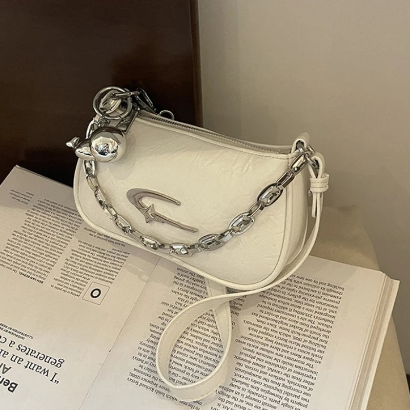 Chic Textured Casual Tote Bag with Silver Chain Detail Underarm Bag Detachable Charm Trendy Mini Shoulder Purse for Women Daily
