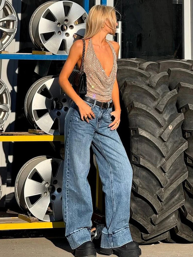 Weird Puss Sequins Backless Sexy Tank Tops Swing Collar Summer Sleeveless Pleated Lace-Up Halter Party Streetwear Skinny Vest