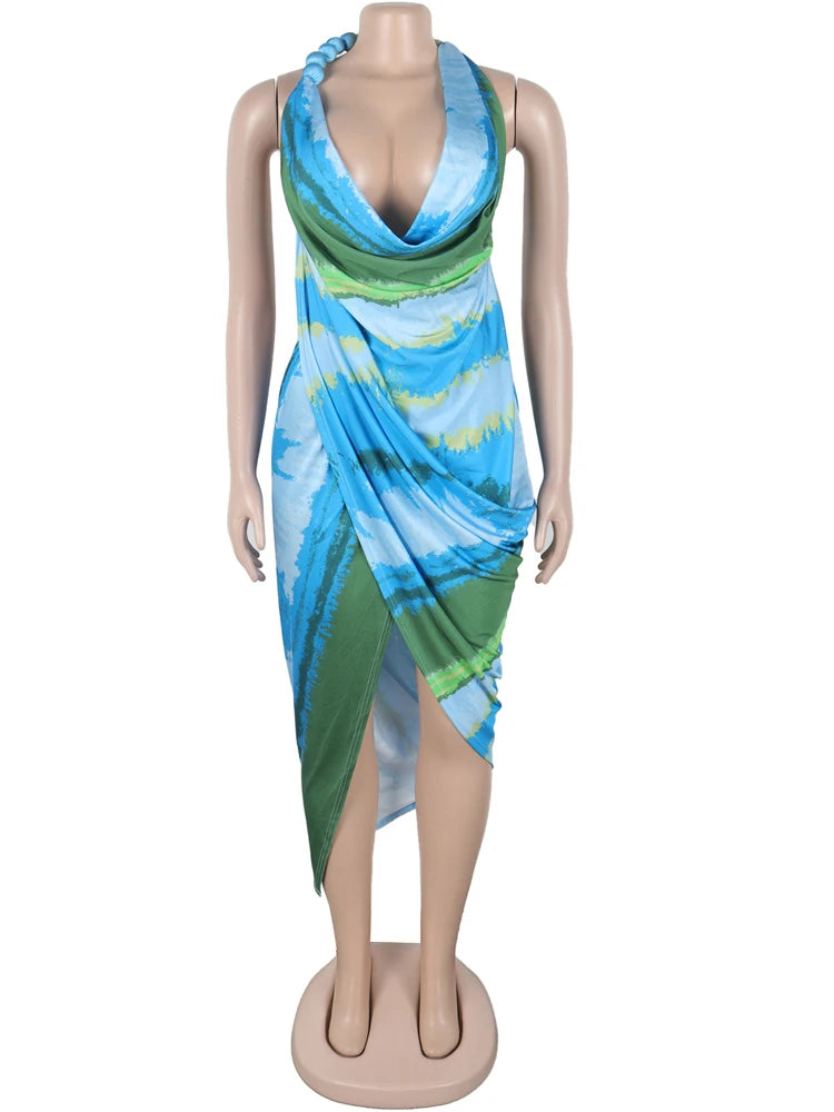 Kricesseen Tropical Women's Halter Neck High Slit Tie Dye Midi Dress Summer Bandage Beach Dress Swimwear Beach Cover-Up Dress