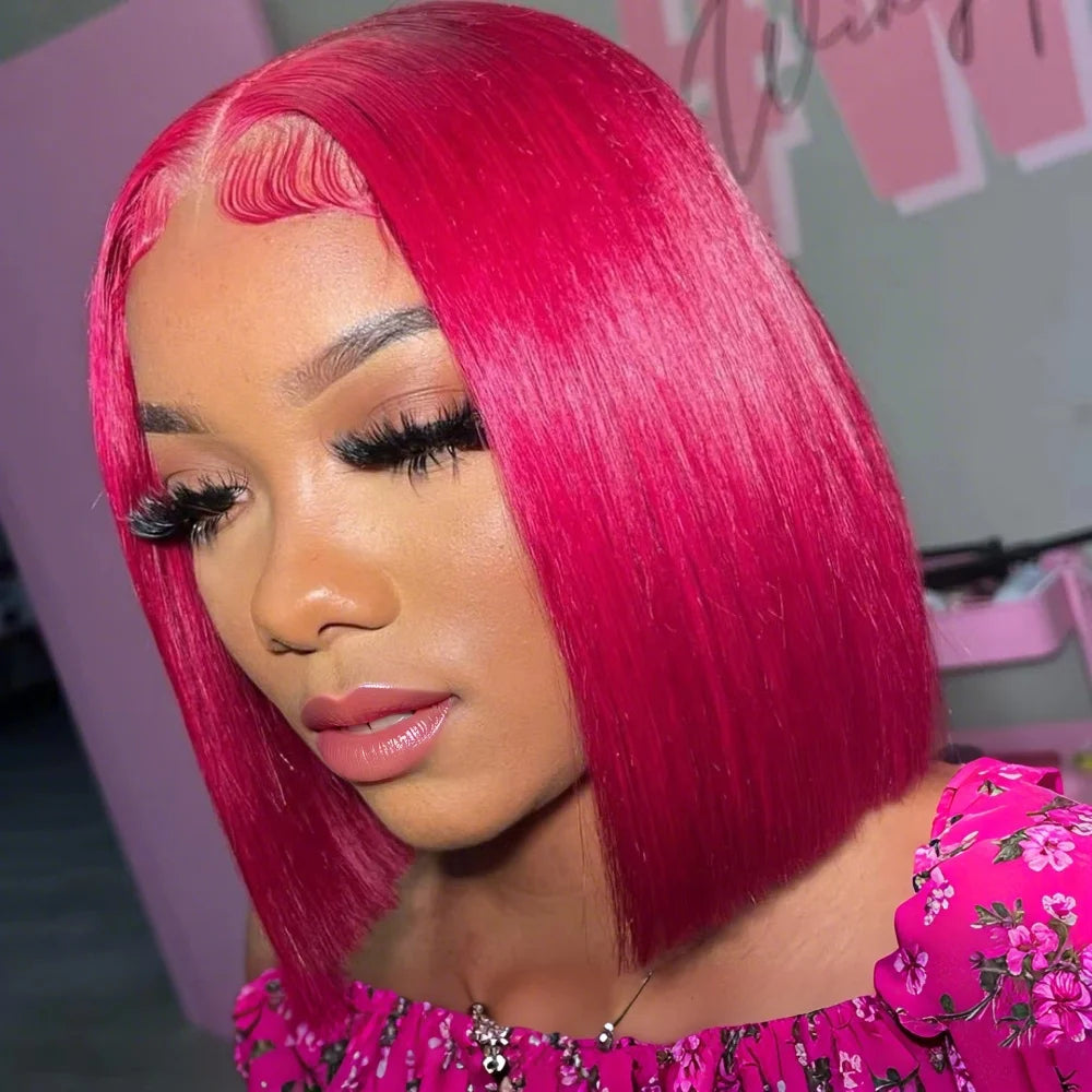 Hot Pink Short Bob Wig Human Hair 13X4 Bob Lace Frontal Wigs Pre Plucked Brazilian Remy Wigs 180% Denity