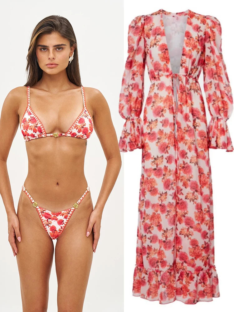 ZRTAK Long Beach Dress Ruffles Bikini Cover Up 2026 Floral Printed Swimsuits Dresses Women Sexy Cover-Ups Summer Swimming Wear