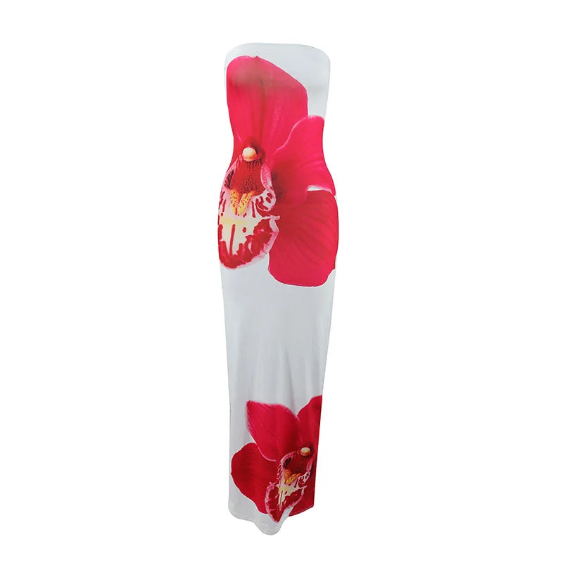 Women's Fashion Sexy Flower Print Strapless Long Dress Summer Vacation Elastic High Waist Slim Fit Party Evening Dress 2025