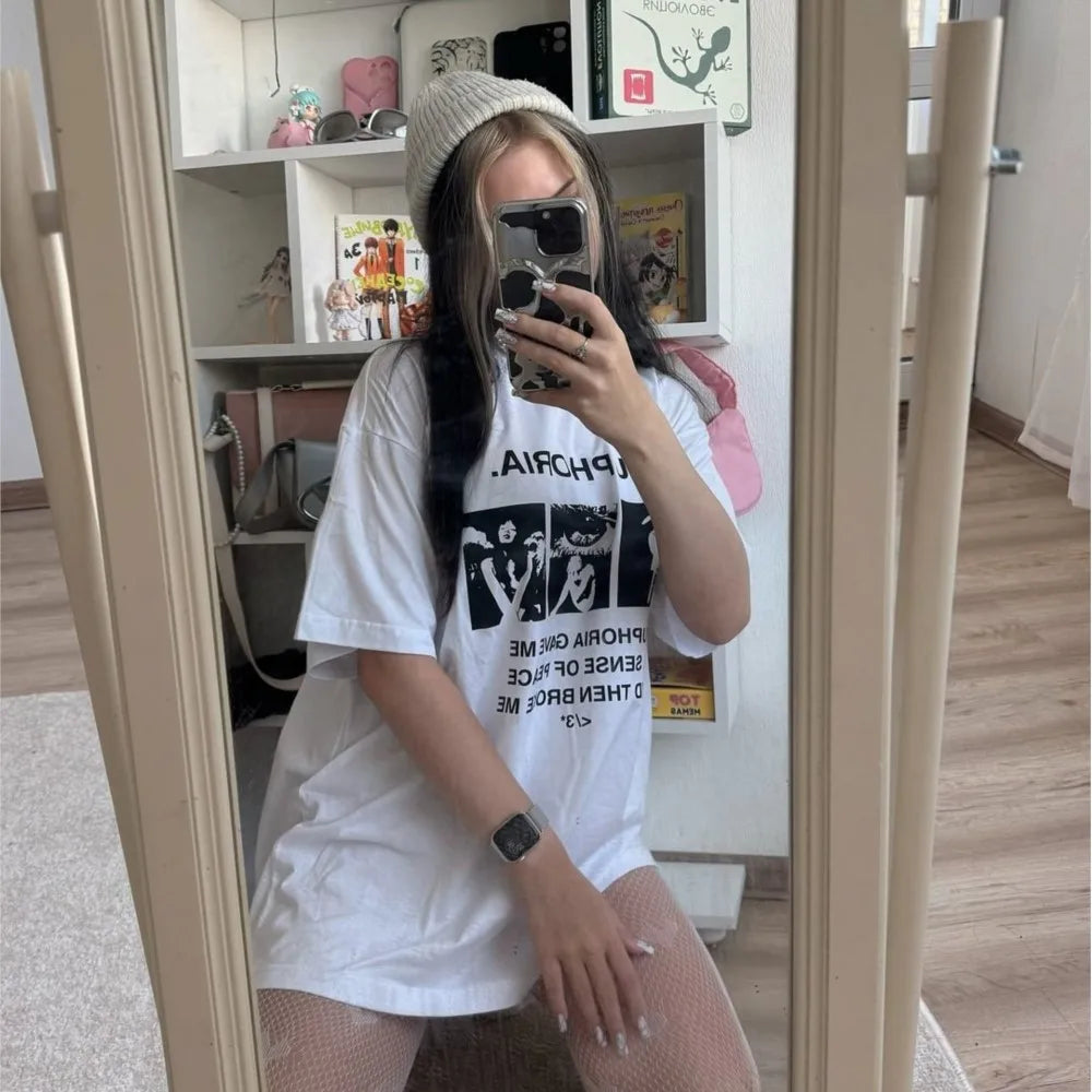 Harajuku Oversized Streetwear Women's Clothing EUPHORIA Graphic Print Tshirt Cotton Hip Hop Korean Short Sleeve Top Tee Goth Y2k