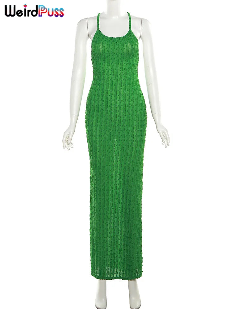 Weird Puss Backless Halter Dress Women Cross Bandage Sleeveless Sexy Elegant Skinny Stretch Wedding Party Maxi Bodycon Vestidos
