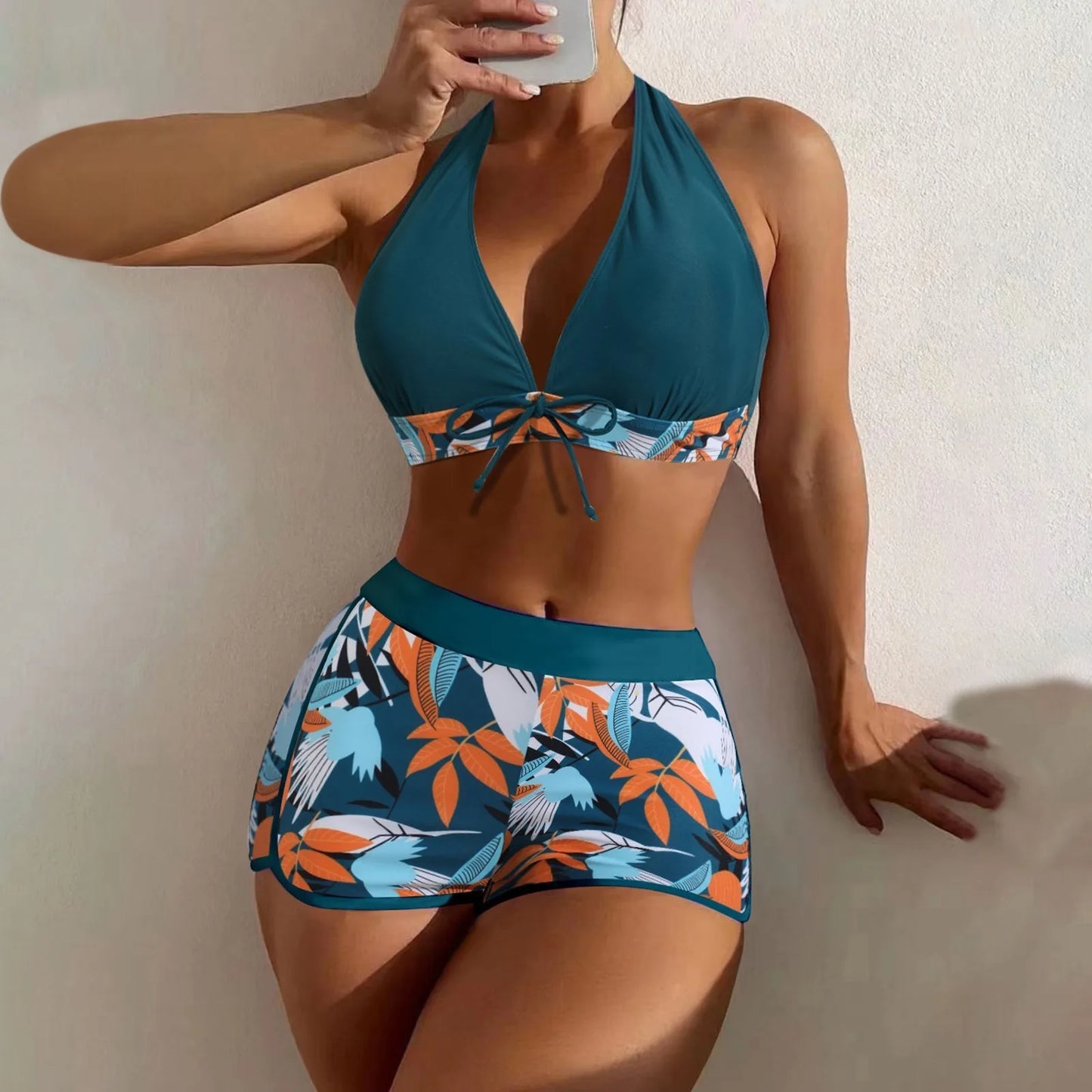Shorts Bikinis Set  High Waist Swimsuit Women Swimwear  Plant Print Bathers Bathing Swim Suit Beachwear