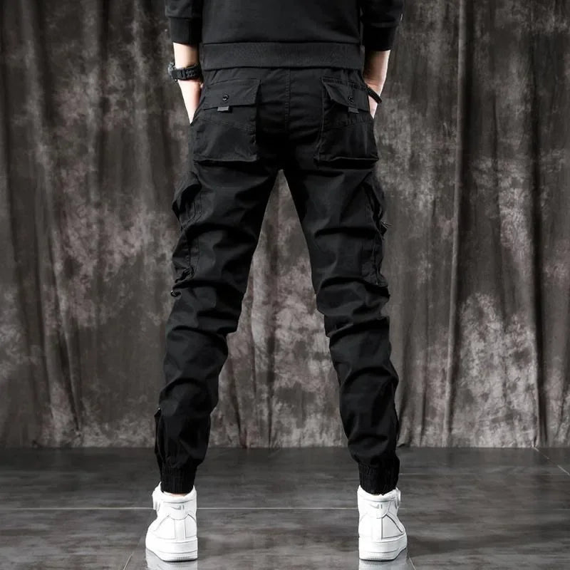 Trendy Men's Spring Autumn Cargo Pants Slim Fit Casual Style Loose Fit American Style Multiple Pocket Small Foot Pants Black