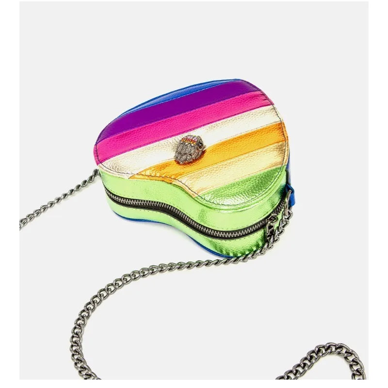 2026 New Metallic Rainbow Stripes Heart Bag PU Leather Chain Crossbody Purse