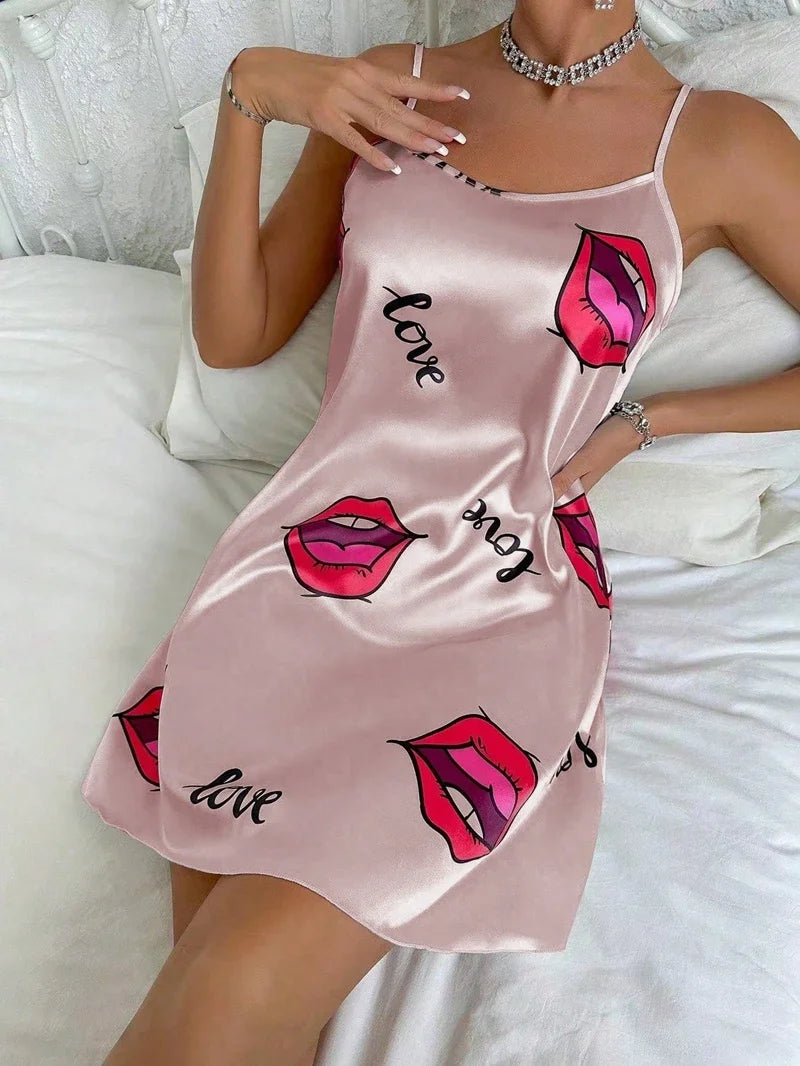 2026 New Ladies Sexy Nightgown Nightdress Women Sexy Lingerie Silk Satin Sleepwear Floral Pinting Nightwear Homewear Mini Dress