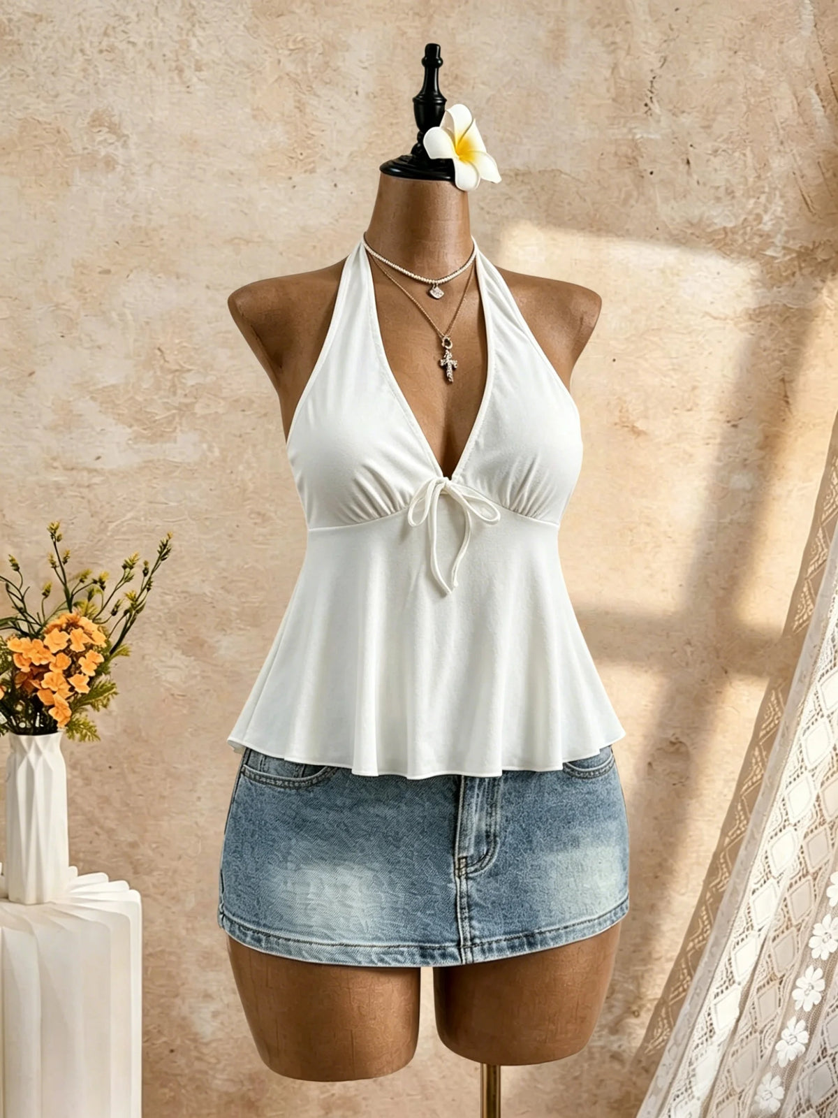 Women Halter Deep V Neck Front Tie Peplum Camisole 2026 Summer Y2K Going Out Casual Streetwear Tank Tops