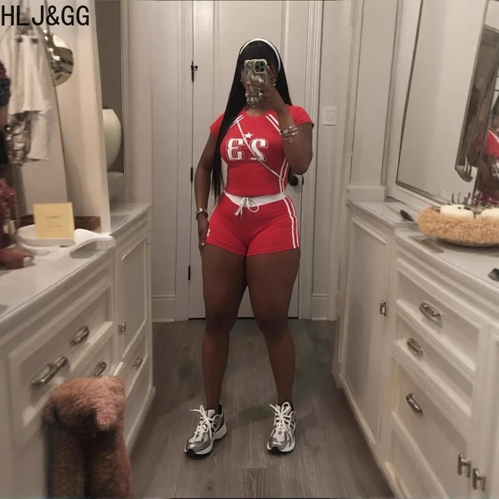 HLJ&GG Summer New Letter Print Drawstring Shorts Two Piece Sets Women Round Neck Short Sleeve Slim Crop Top And Shorts Outfits