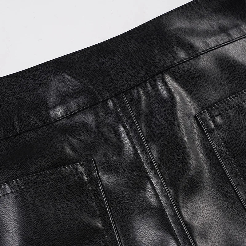 Street punk style low waist exposed navel three button leather shorts