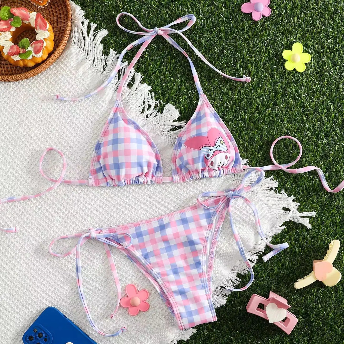 Sanrio Hello Kitty Kawaii Bikinis Set Cute Cartoon Anime Summer Beach Soft Side Strappy Panties Kawaii Swimsuit Sexy Bikini Y2k