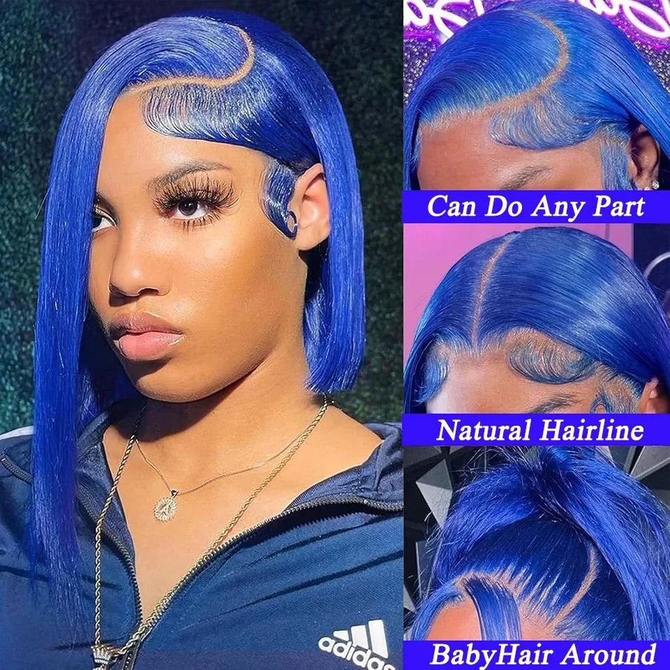 200Density Blue Straight Lace Front Wigs Human Hair Short Bob Wigs 13x4 Transparent Lace Bob Wig Human Hair 100% For Women