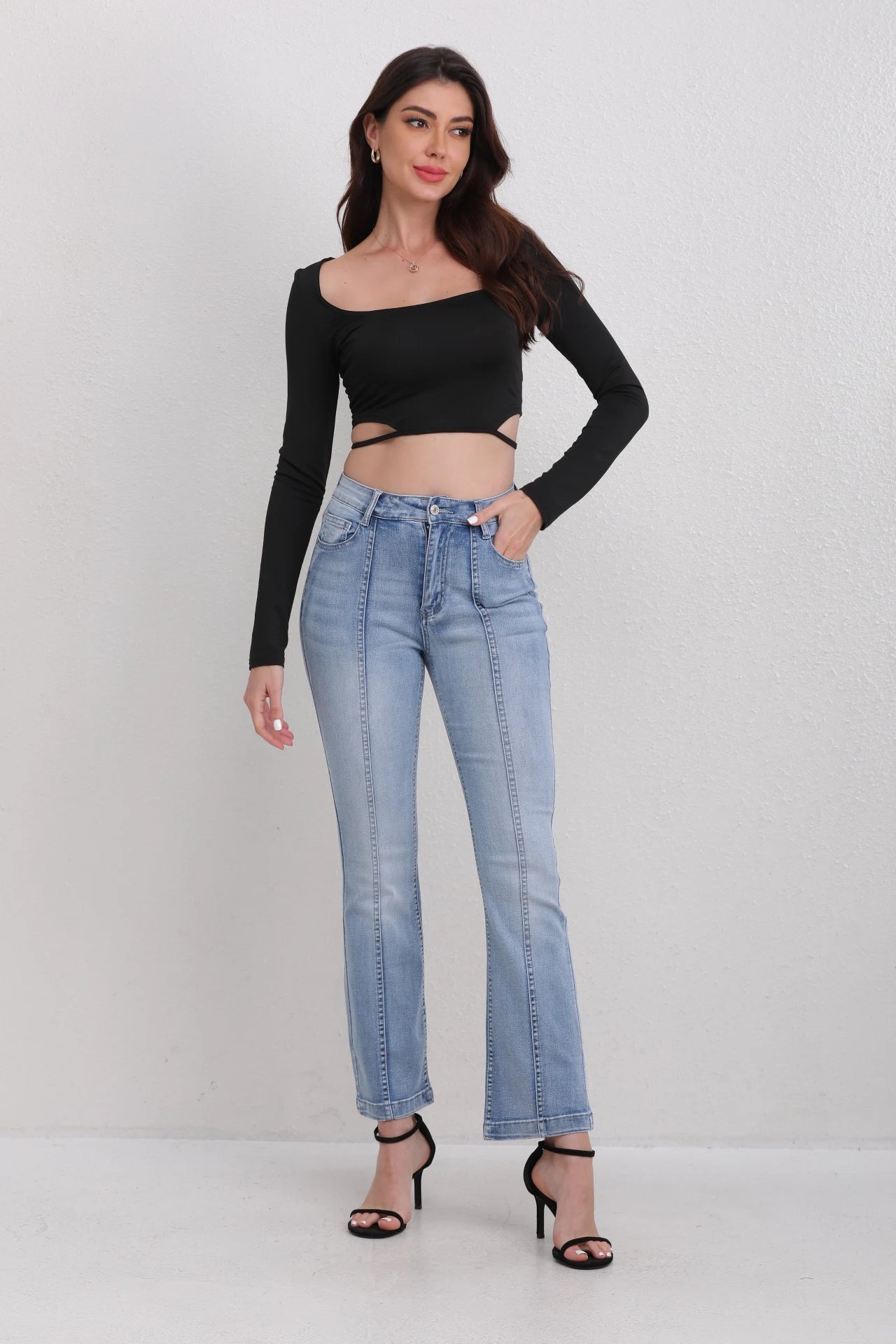 Women's High Waisted Light Blue Jeans with Panel Detail Flared Leg Fashionable Daily Wear Wide-leg jeans Stretch Straight Pants