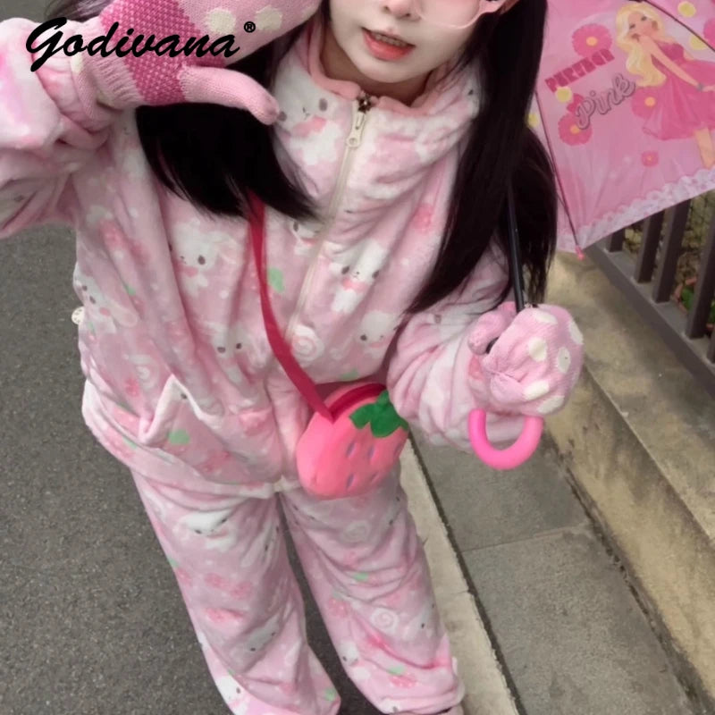 Japanese New Winter Sweet Cute Cartoon Rabbit Flannel Pajamas Set Daughter Girls Pink Thickened Loungewear Women's Sleepwear