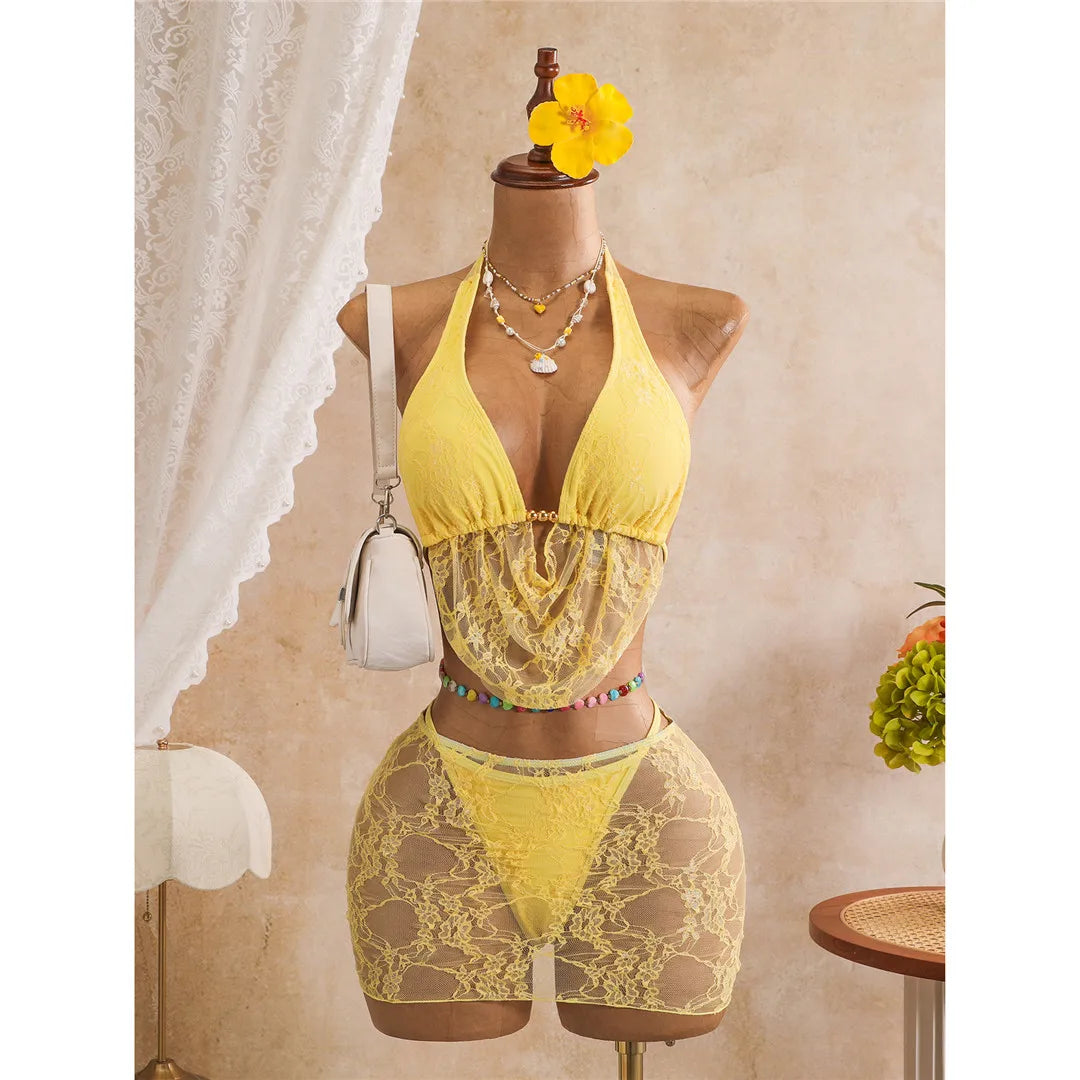 With Skirt Lace Halter Bikini Female Swimsuit Women Swimwear Bather Bathing Suit Swim Three-pieces Bikini Set High Cut Leg K8418