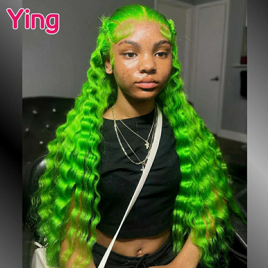 Fluorescent Green Colored 200% Deep Wave 13x6 Lace Front Human Hair Wigs PrePlucked With Baby Hair 5x5 Lace Closure Wigs