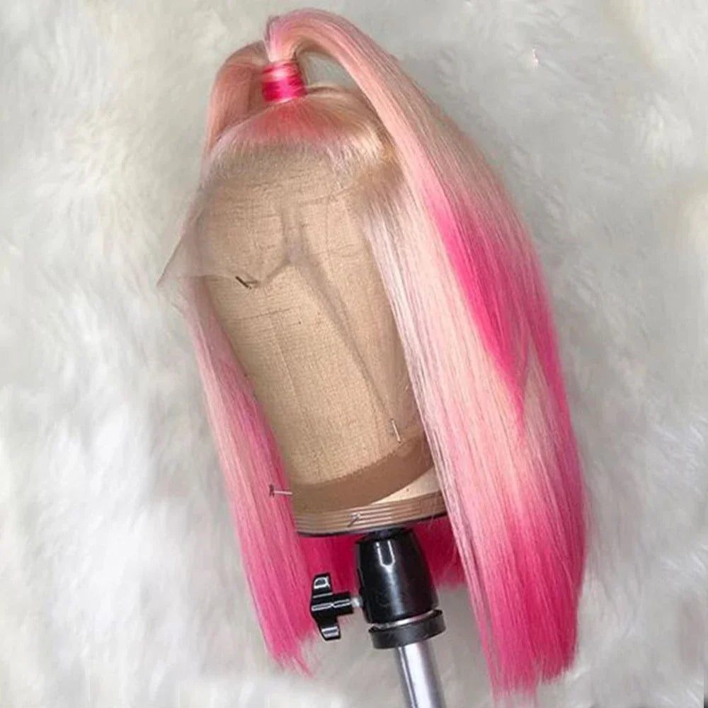 Straight Pink Ombre Short Bob Wig 13x4 Lace Front Human Hair Wigs Brazilian Remy 613 Colored Human Hair Wigs For Women 180%