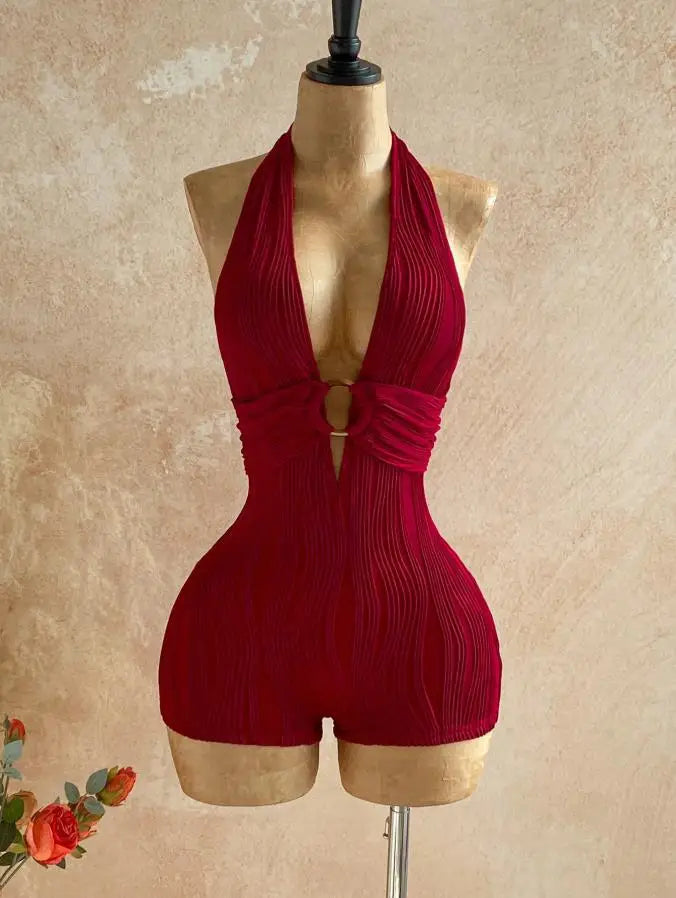 Women's Textured Knitted Bodysuit Orange Striped Circular Decoration Hanging Neck V Neck Jumpsuit Summer Holiday Crochet Romper