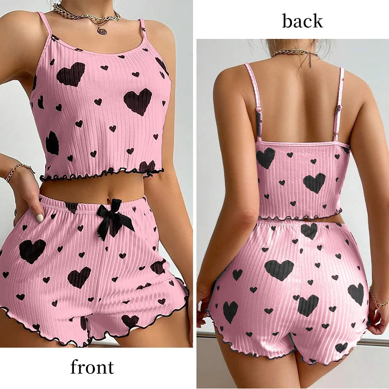 Cherry Temptation Home Love Print Flowing-Sleeve Short Pants for Casual Wearing, Women's Sleepwear Set
