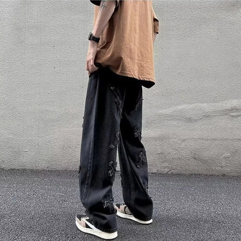 Straight Leg Denim Jeans Male New Fashion Casual Loose High Street Y2k Pants New Wide Leg Hip Hop Black Blue Pants