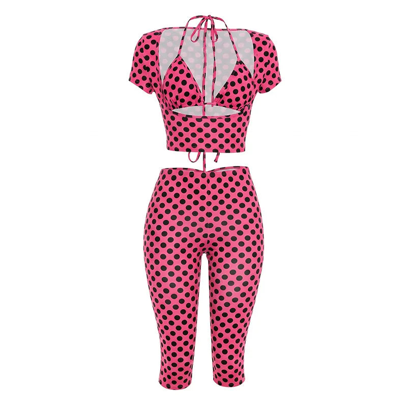 Sexy Polka Dot Summer Sets Women Halter Short Sleeve Bodycon Elegant 3 Piece Sets For Woman Outfit