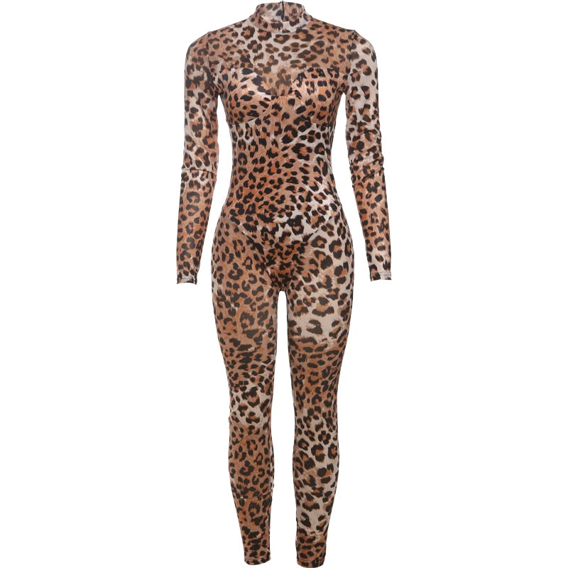 Weird Puss Leopard Print Jumpsuit Women Sexy See Through midnight full sleeve Hipster Fit Street Clubwear Party Workout Overalls