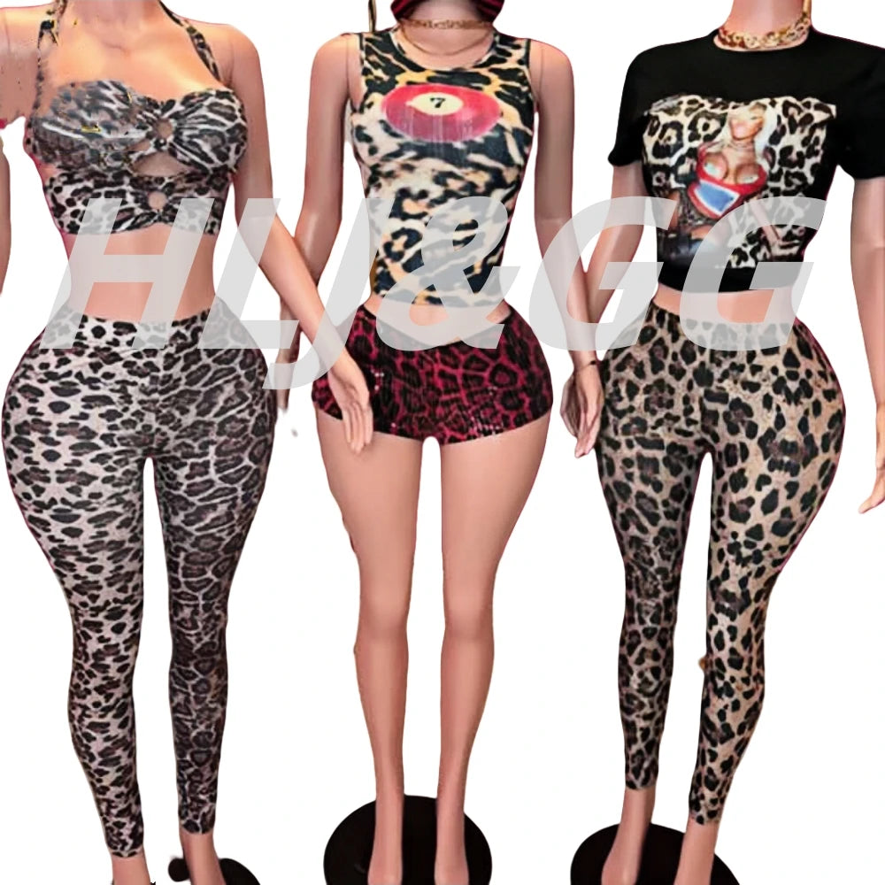 HLJ&GG Sexy Hollow Out Leopard Printing Two Piece Sets Women Halter Bandage Crop Top And Skinny Pants Outfits Fashion Streetwear
