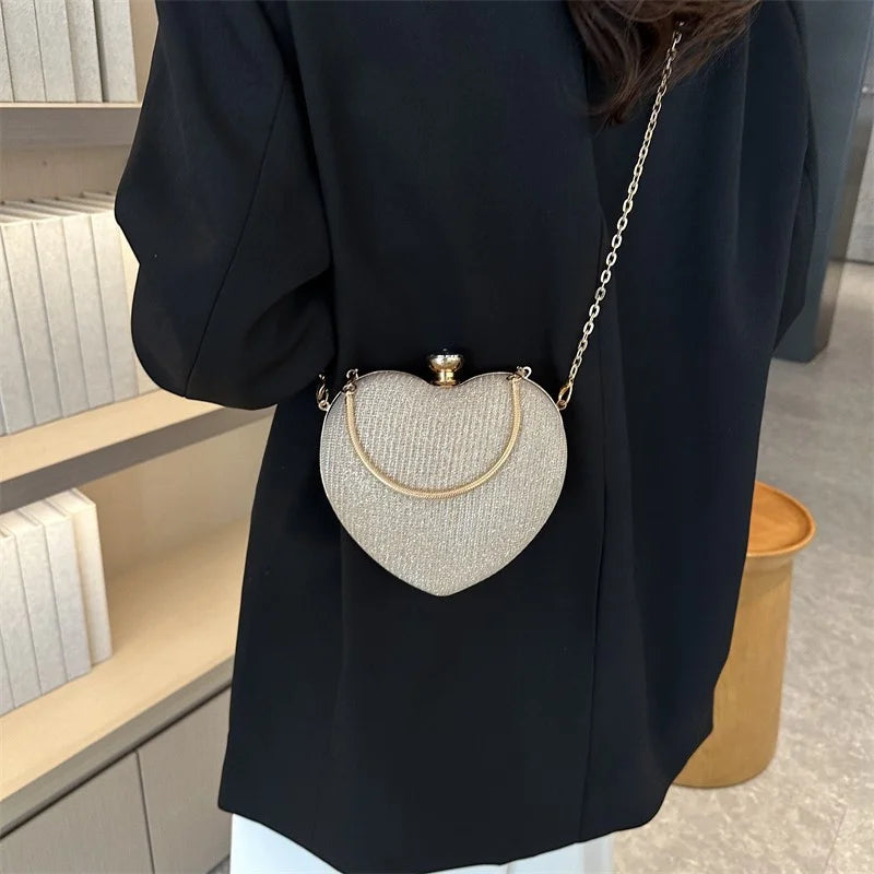Evening Clutch Bag For Women Shiny Heart Shape Metal Clutch Chain Shoulder Purse