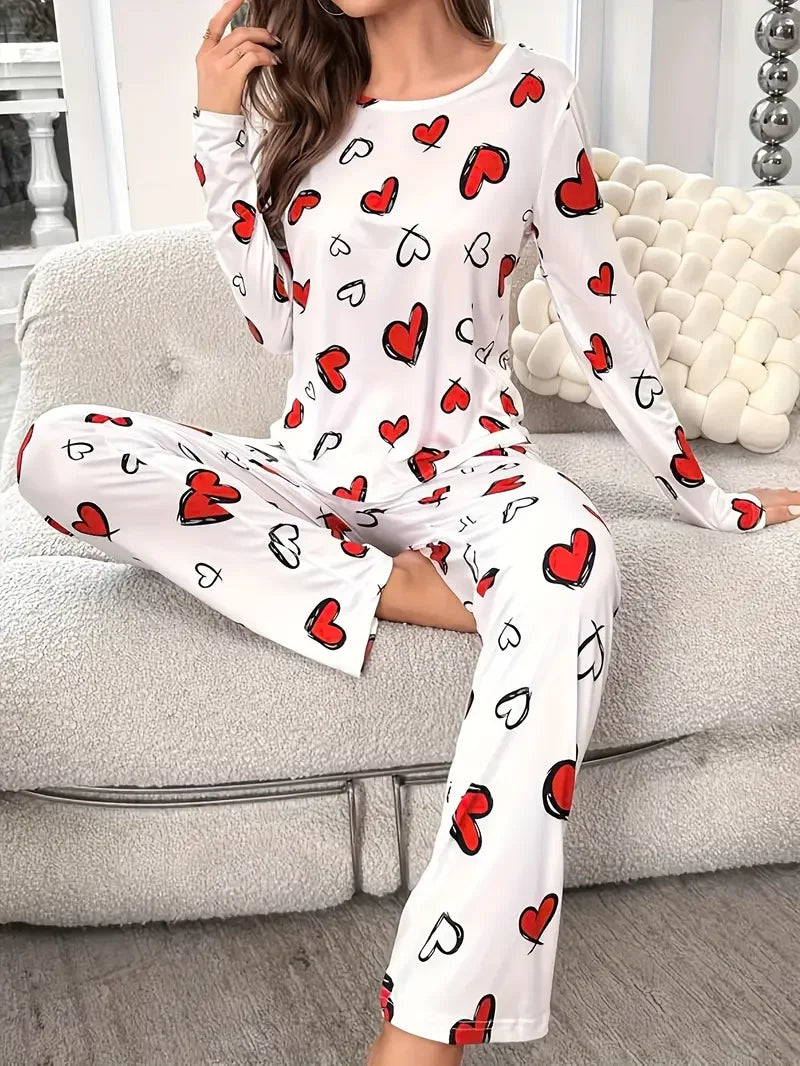 Women Autumn Winter Sleepwear Heart Print Knitted Round-Neck Loose Tops and Elastic Long Pants Pajama Set Loungewear