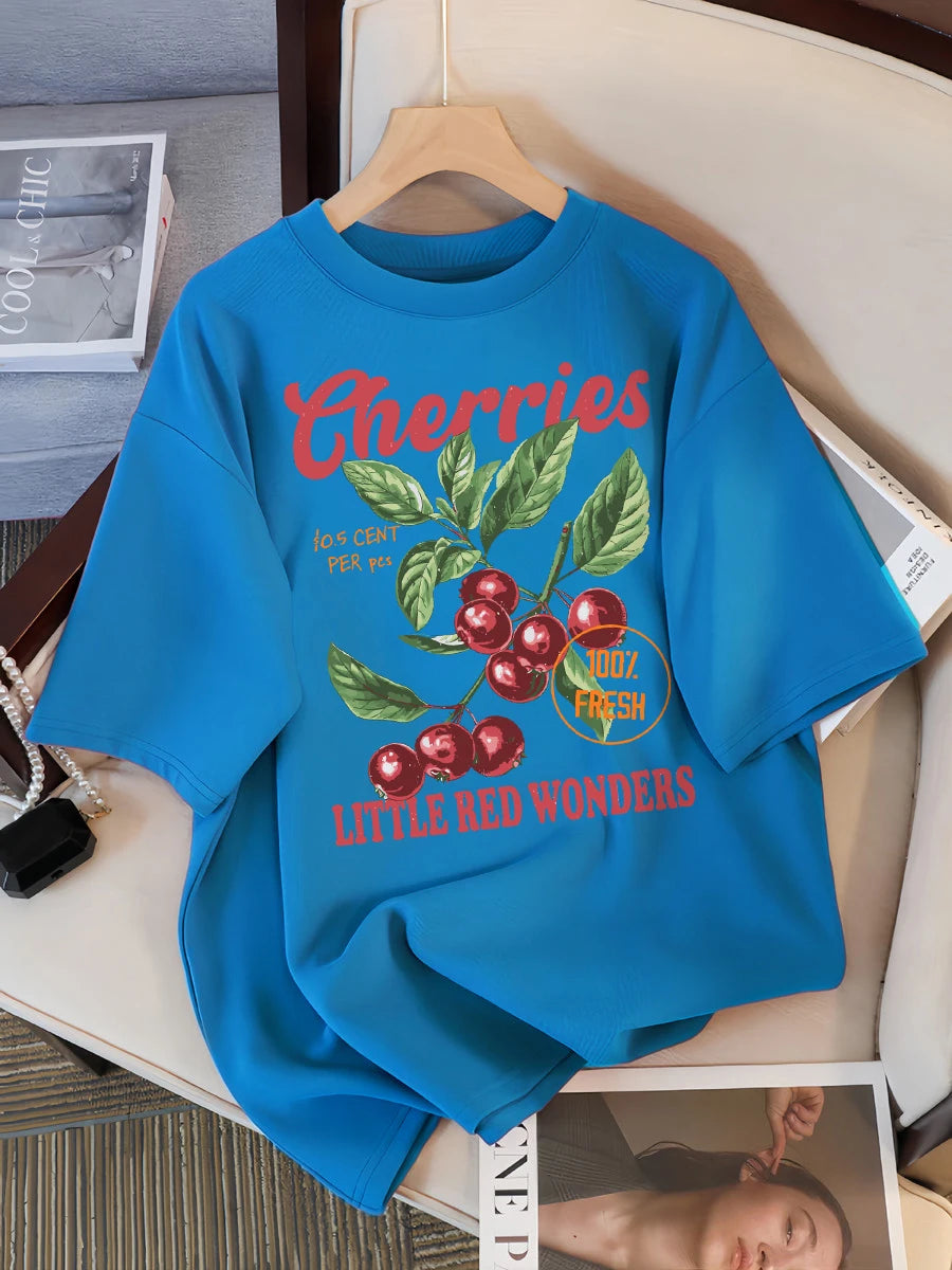 Cherries 100% Fresh Little Red Wonders Design Women T-Shirt Casual Loose T Shirts Hip Hop Cotton Sportswear Summer Soft Top