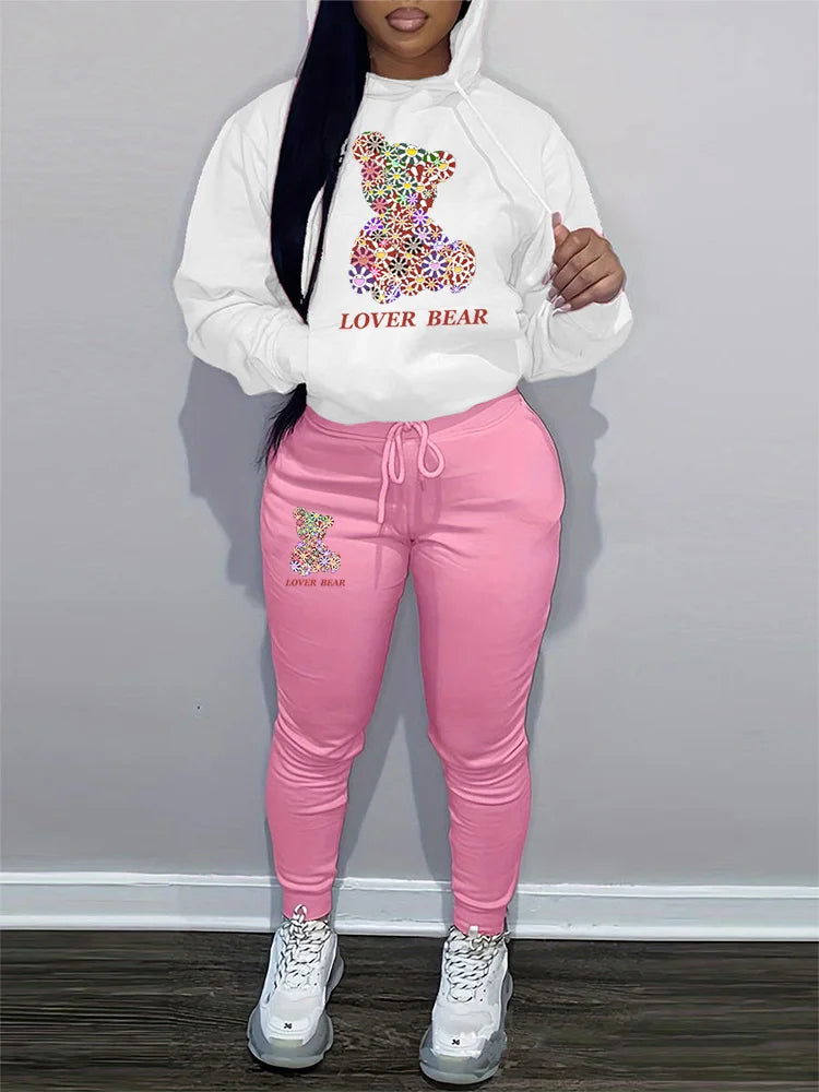 Women's Hoodies Sets Pants Suit 2 Piece Outfits 2025 New Letter Print Bear Aesthetics Sweatshirt and Sweatpants Womens Tracksuit