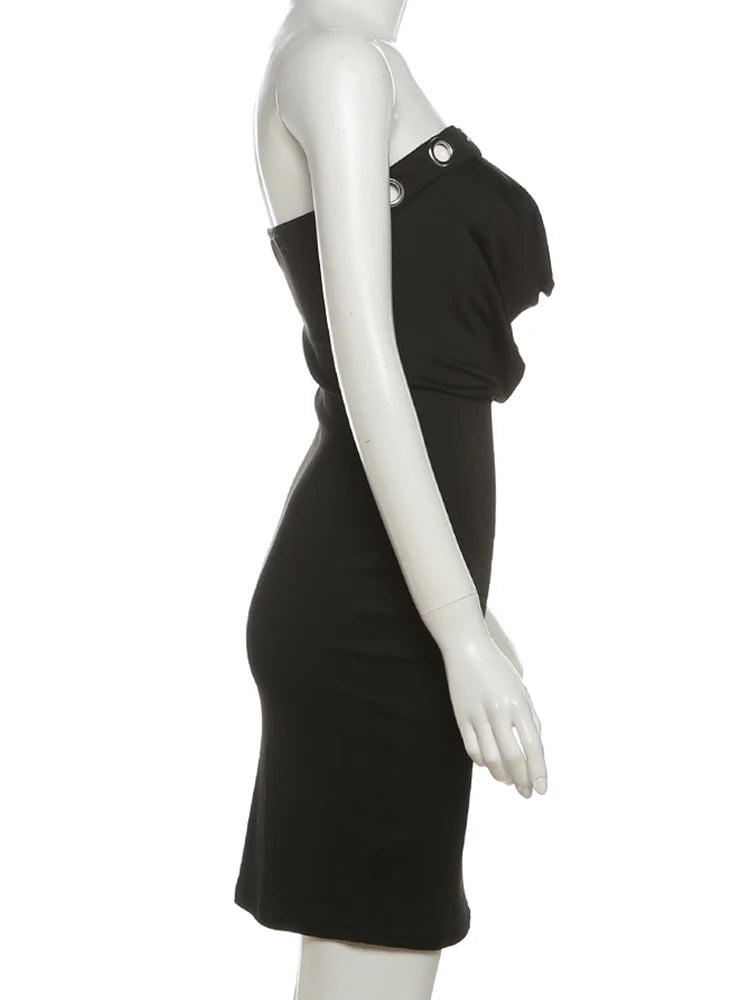 Weird Puss Metal Hollow Dress Women Sexy Y2K Ruched Swing Collar Skinny Midnight Coquette Party Summer Trend Streetwear Bodycon