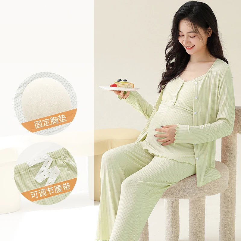 Pregnancy Comfort Pajamas Set Solid Color Long-sleeved Pants and Halter Vest Three-piece Maternity Nursing Homewear Sleepwear
