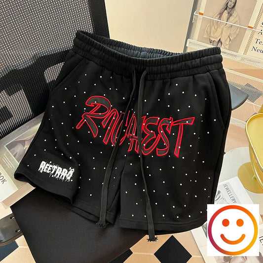 Diamond Patch Embroidered Letter Logo Casual Shorts Loose Drawstring Shortpants Jorts for Men Women