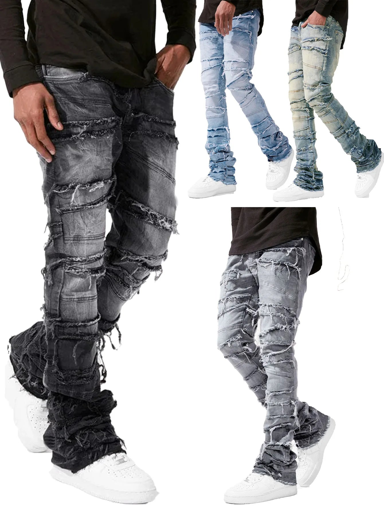Straight Pant Men Jeans Denim Pants Slim Fit Irregular Folds Tassel Splice Simple Button Pocket High Street Trousers Spring