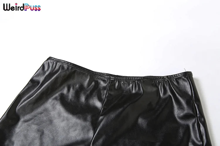 Weird Puss Faux Leather Sexy 2 Piece Set Women Hipster Strapless Shirring Hollow Strapless Tops+Shorts Midnight Clubwear Outfits