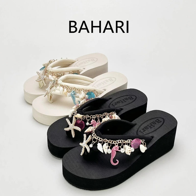 Bohemian High-heeled Flip-flops for Women Summer Vacation Platform Beach Slippers