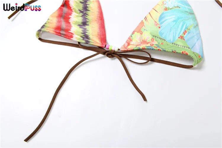 Weird Puss Beach Style Women 2 Piece Set Y2K Vacation Swimsuit Colorful Pearl Halter Bikini Bra+Panties Party Matching Clubwear