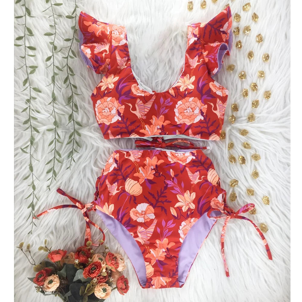 2026 High Waist Bandage Bikini Set For Women Floral Printed Ruffle Bikinis Push Up Strappy Brazilian Biquini Swimwear Swimsuit