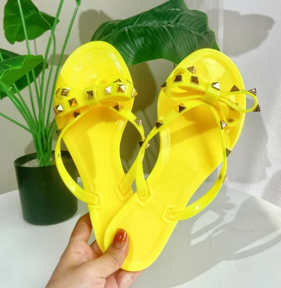 Ladies Leisure Waterproof Shoes Summer Zoris Slippers In Flats Clear Yellow Flip-Flops With Gold Stud Bow-Knot PVC Slides 36-42