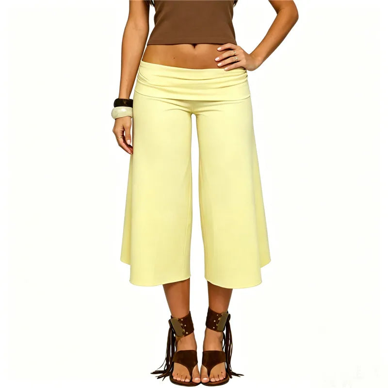 Y2K Women's Low Waist Wide Leg Capri Pants Fold Over Waist Flare Cropped Pants Casual Solid Color Summer Streetwear Trousers
