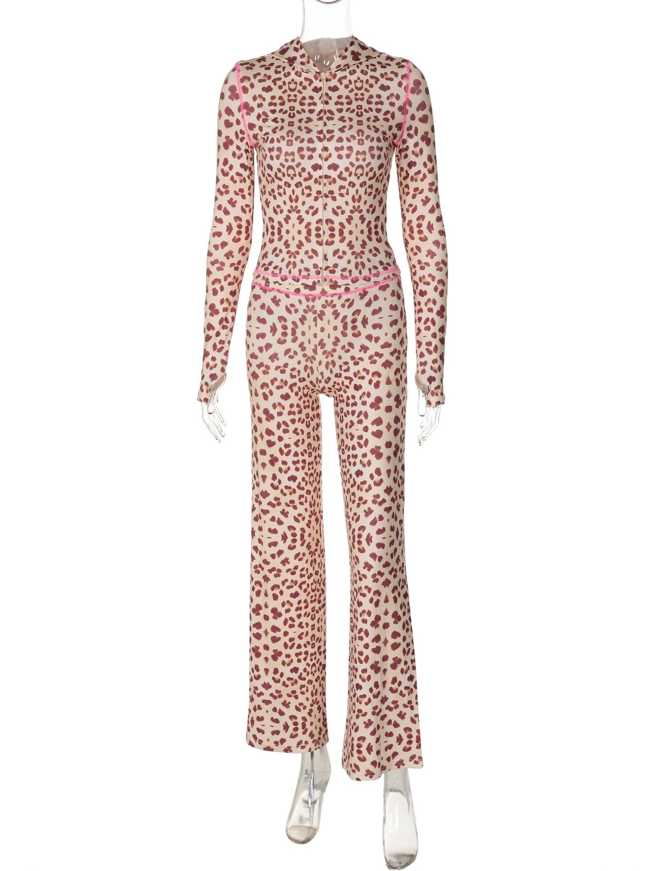 Dulzura Leopard Casual 2 Piece Pants Set Long Sleeve Zipper Hoodie Top And Slim Pants Matching Set Party Club Streetwear Autumn