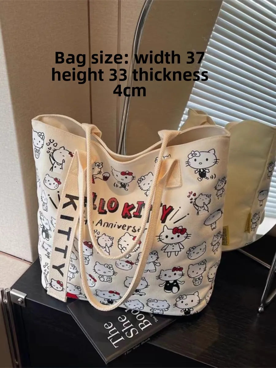 New Model Hello Kitty Cartoon Canvas Bag Cute Commuter Versatile One-Shoulder Tote Bag Large-Capacity Storage Bag