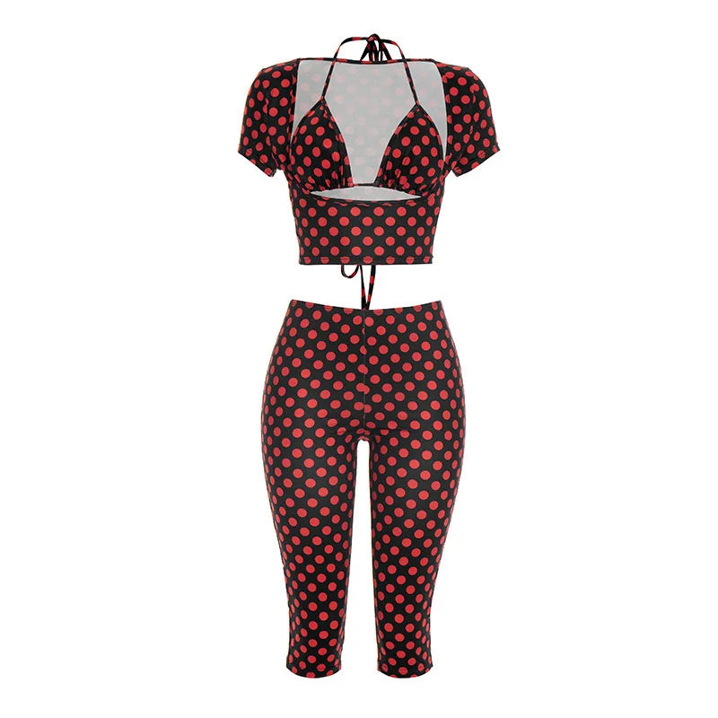 Sexy Polka Dot Summer Sets Women Halter Short Sleeve Bodycon Elegant 3 Piece Sets For Woman Outfit