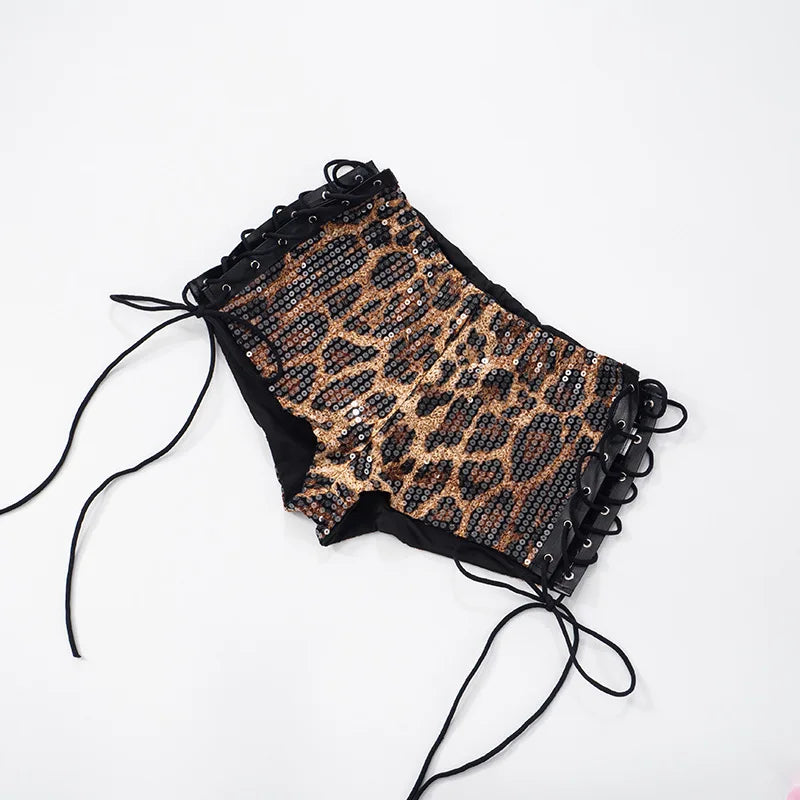 HLJ&GG Y2K Fashion Cherry Tshirts Two Piece Sets Women O Neck Short Sleeve Slim Crop Top + Bandage Sequin Leopard Shorts Outfits