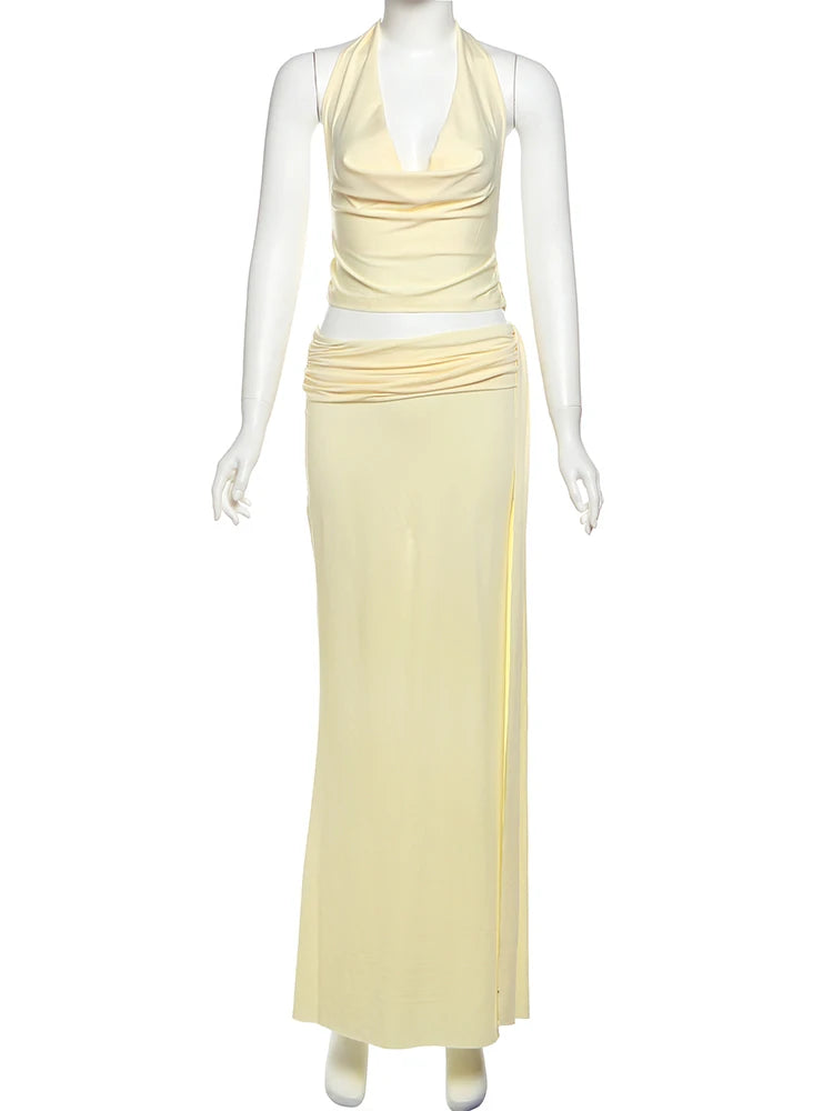 Weird Puss Elegant Women 3 Piece Set Stack Trend Halter Tops+Split Tassel Tassel+Flowers Mesh Skirts Matching Vacation Clubwear