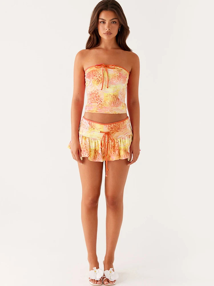 Weird Puss Tie-Dye Shirring 2 Piece Set Women Sexy Off Shoulder Backless Crop Tops+Ruffles Skirts Beach Party Fashion Outfits