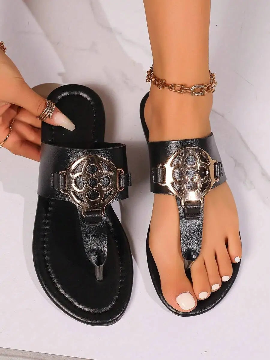Womens Flat Sandals With Metal Decoration, Soft Cushion, Toe Ring And Lightweight